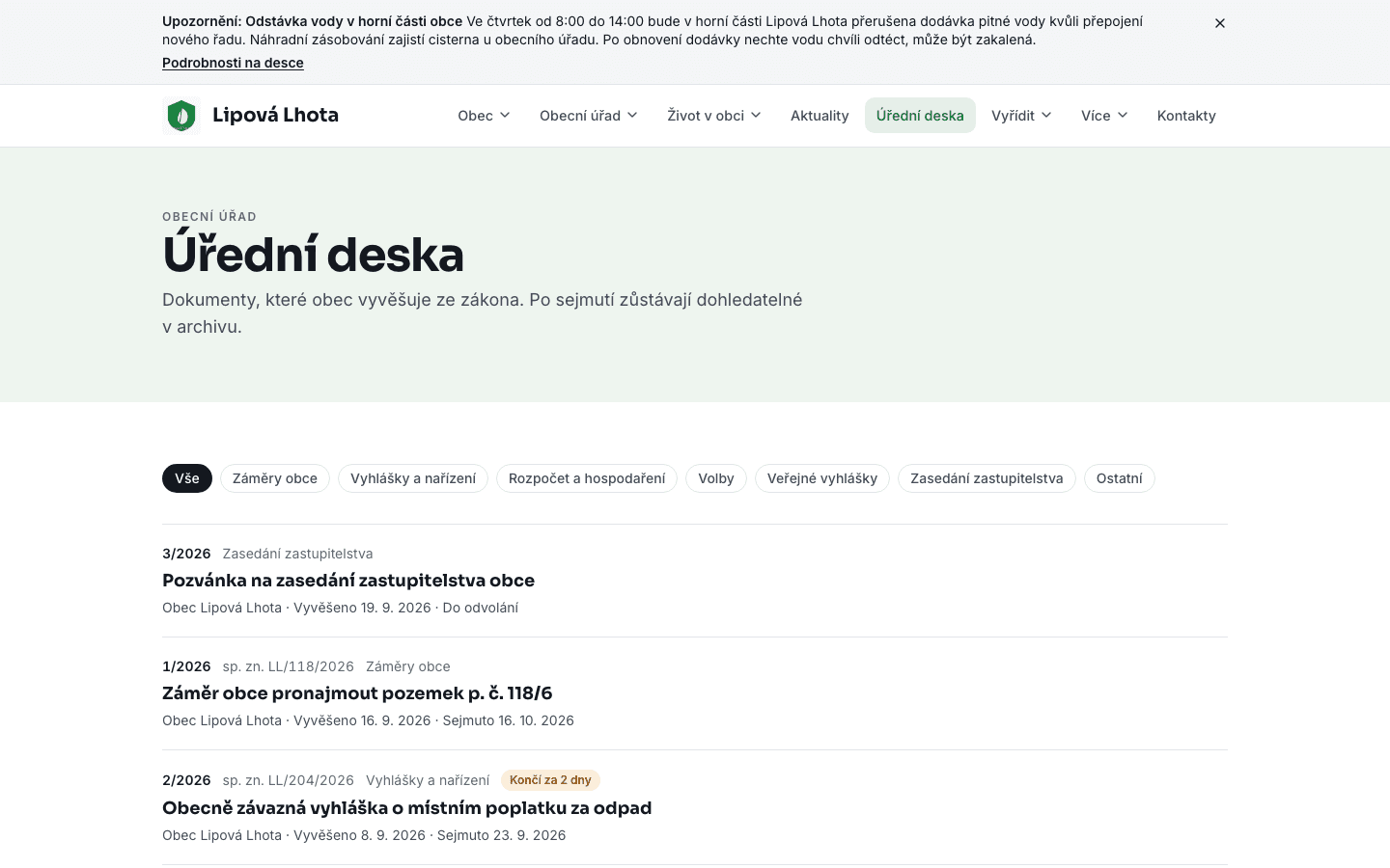 Úřední deska v ukázkové obci Lipová Lhota