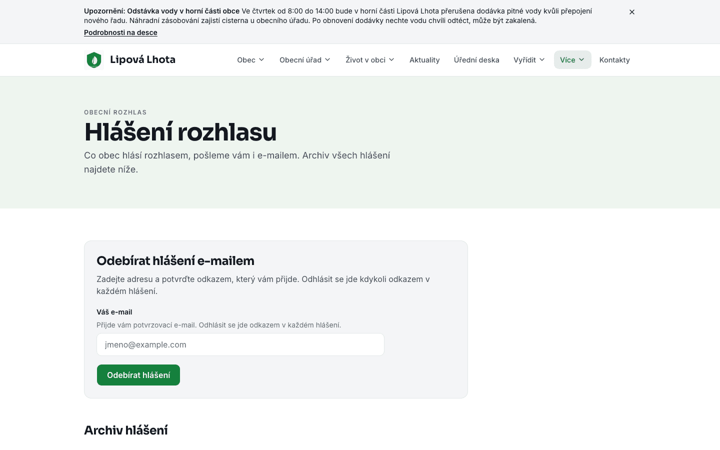 Hlášení rozhlasu v ukázkové obci Lipová Lhota