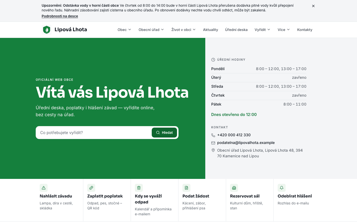 Titulní strana webu obce na počítači: dlaždice, aktuality a úřední deska