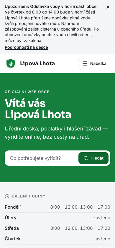 Titulní strana webu obce na telefonu