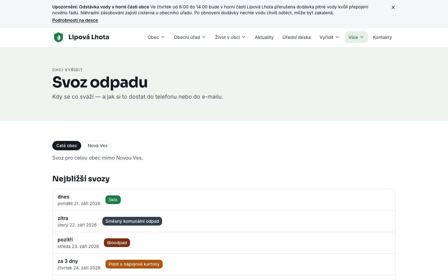 Odpady v ukázkové obci Lipová Lhota