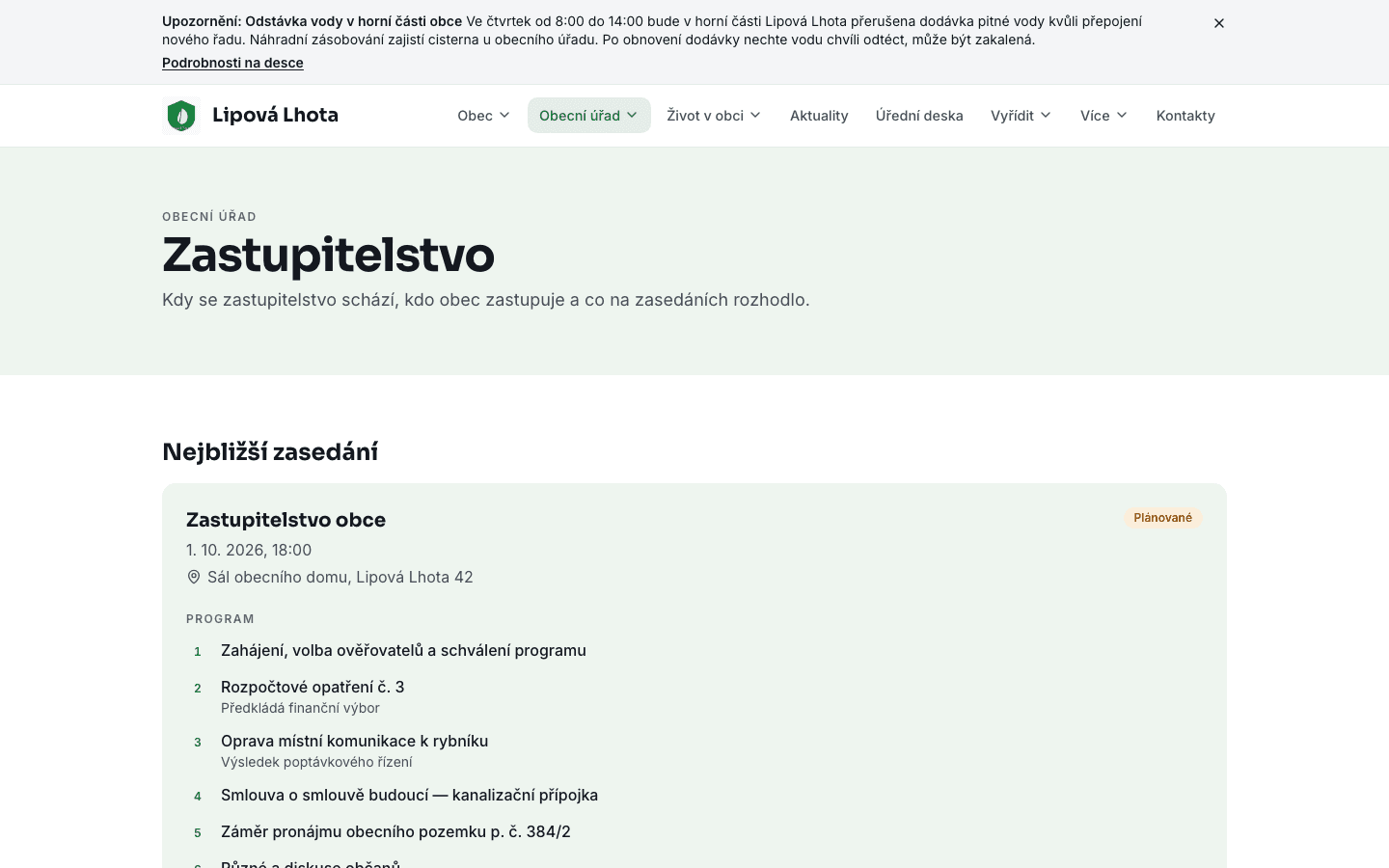 Stránka „Zastupitelstvo“ na webu ukázkové obce: nejbližší zasedání s datem, místem konání a očíslovaným programem jednání